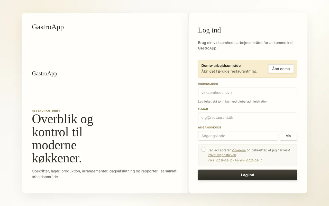 GastroApps login med Virksomhed, E-mail og Adgangskode