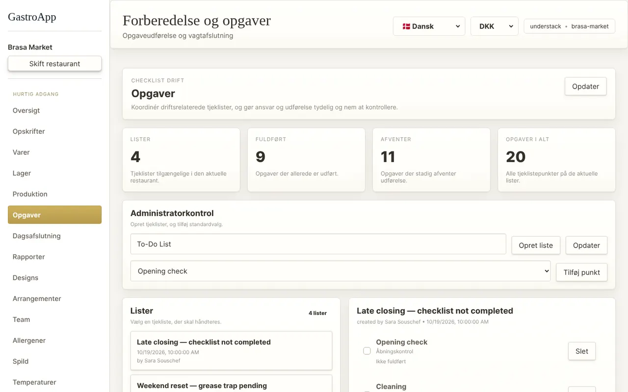 Opgavesiden med lister