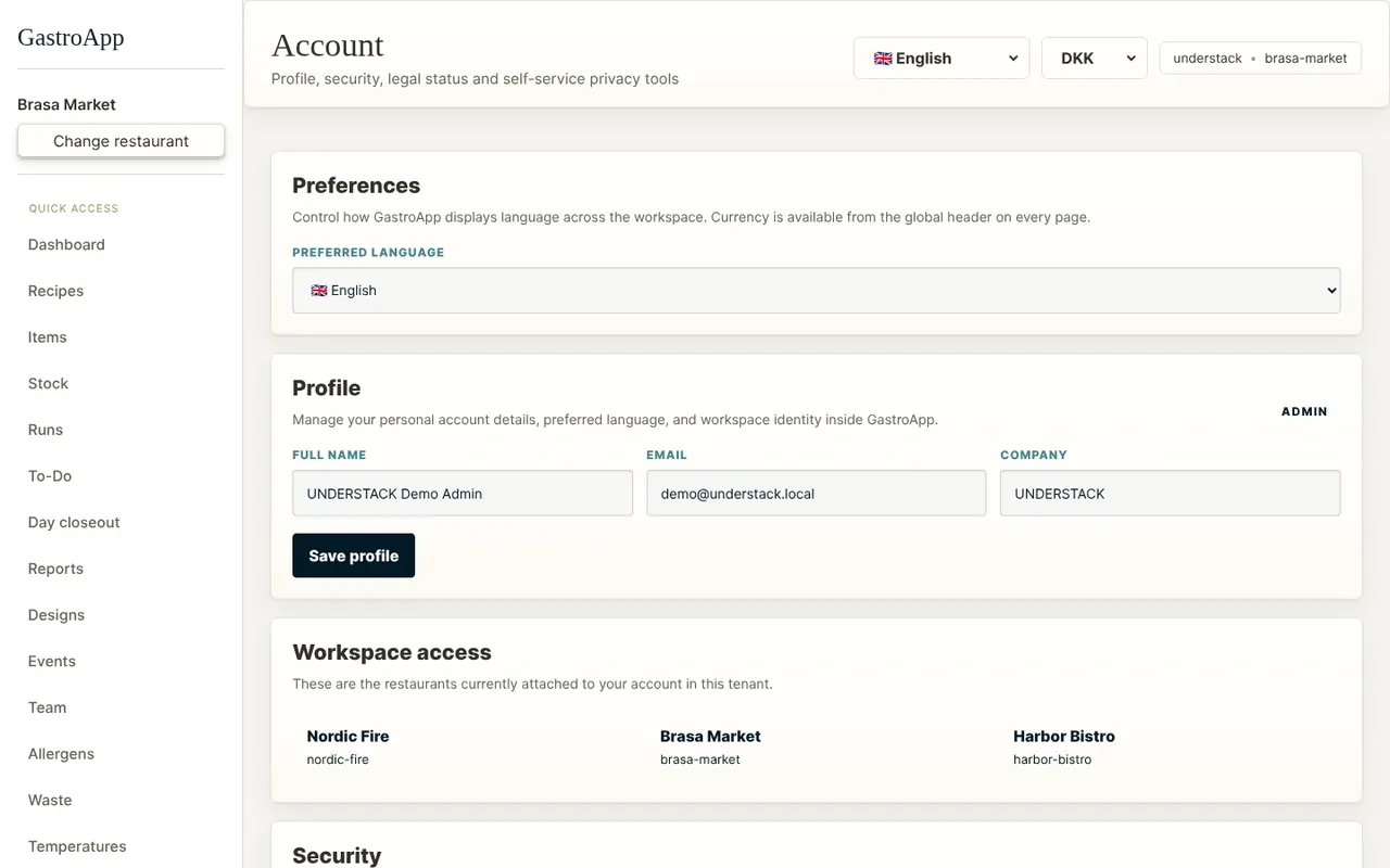 Settings page with profile and security