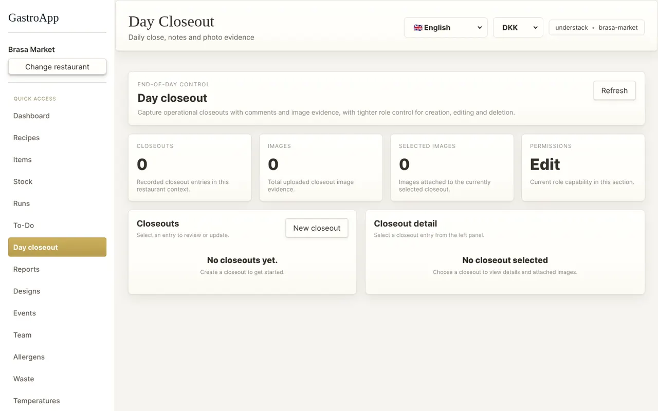 Day closeout page
