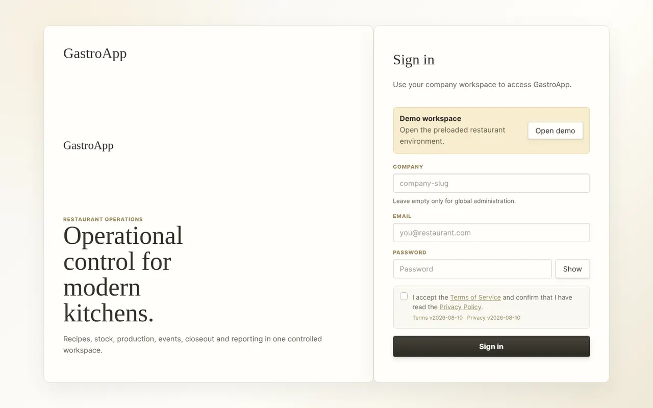 GastroApp sign-in page with Company, Email and Password