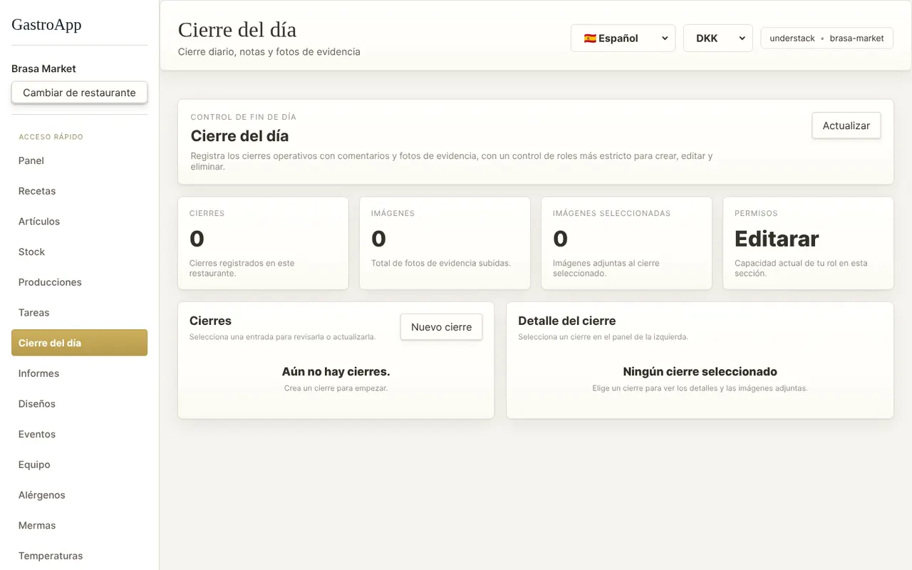 Página de cierre del día