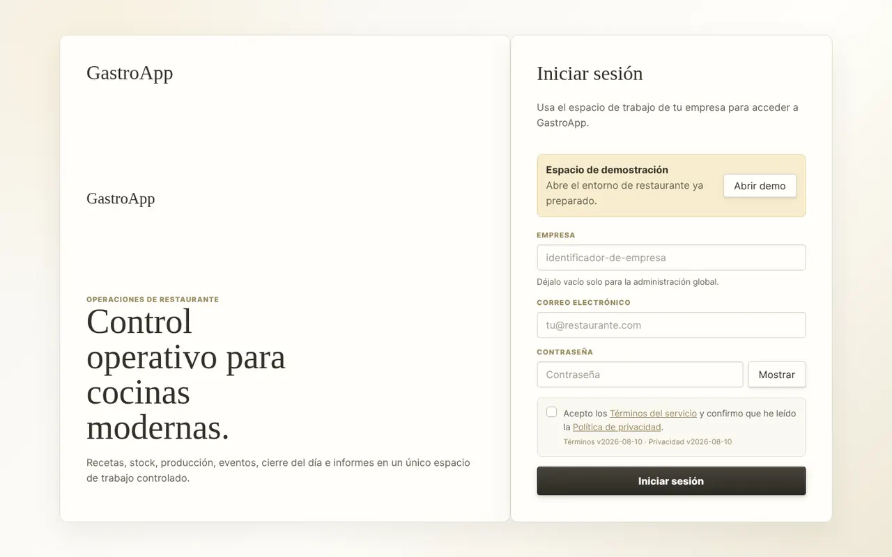 Pantalla de acceso de GastroApp con Empresa, Correo electrónico y Contraseña