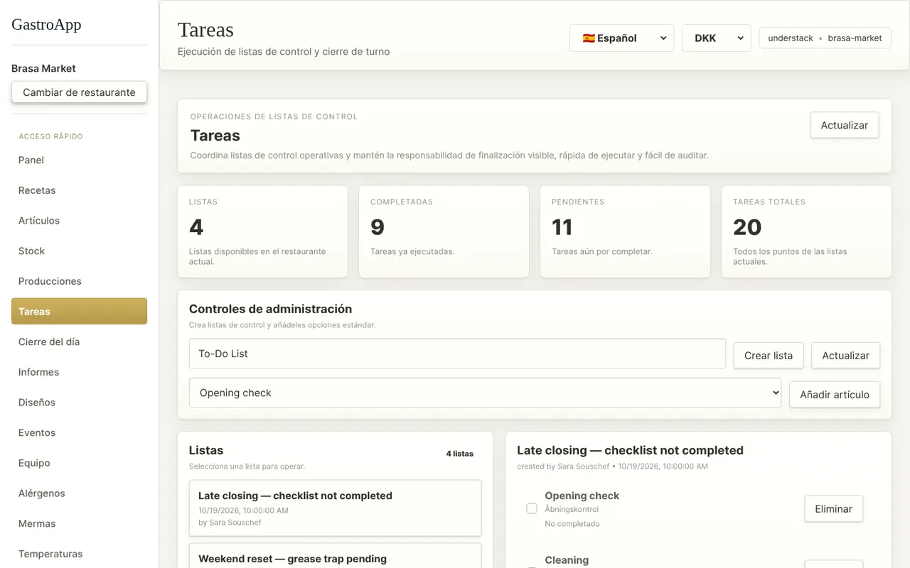 Página de tareas con listas