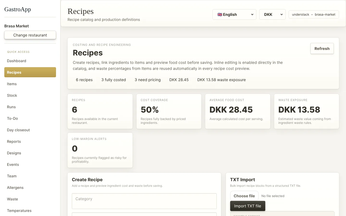 Recipe catalogue with costs and margin