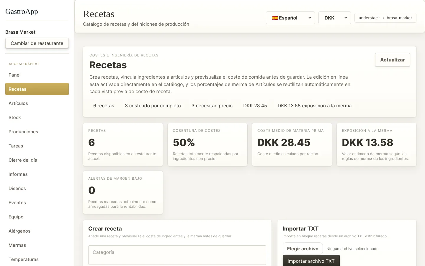 Catálogo de recetas con costes y margen