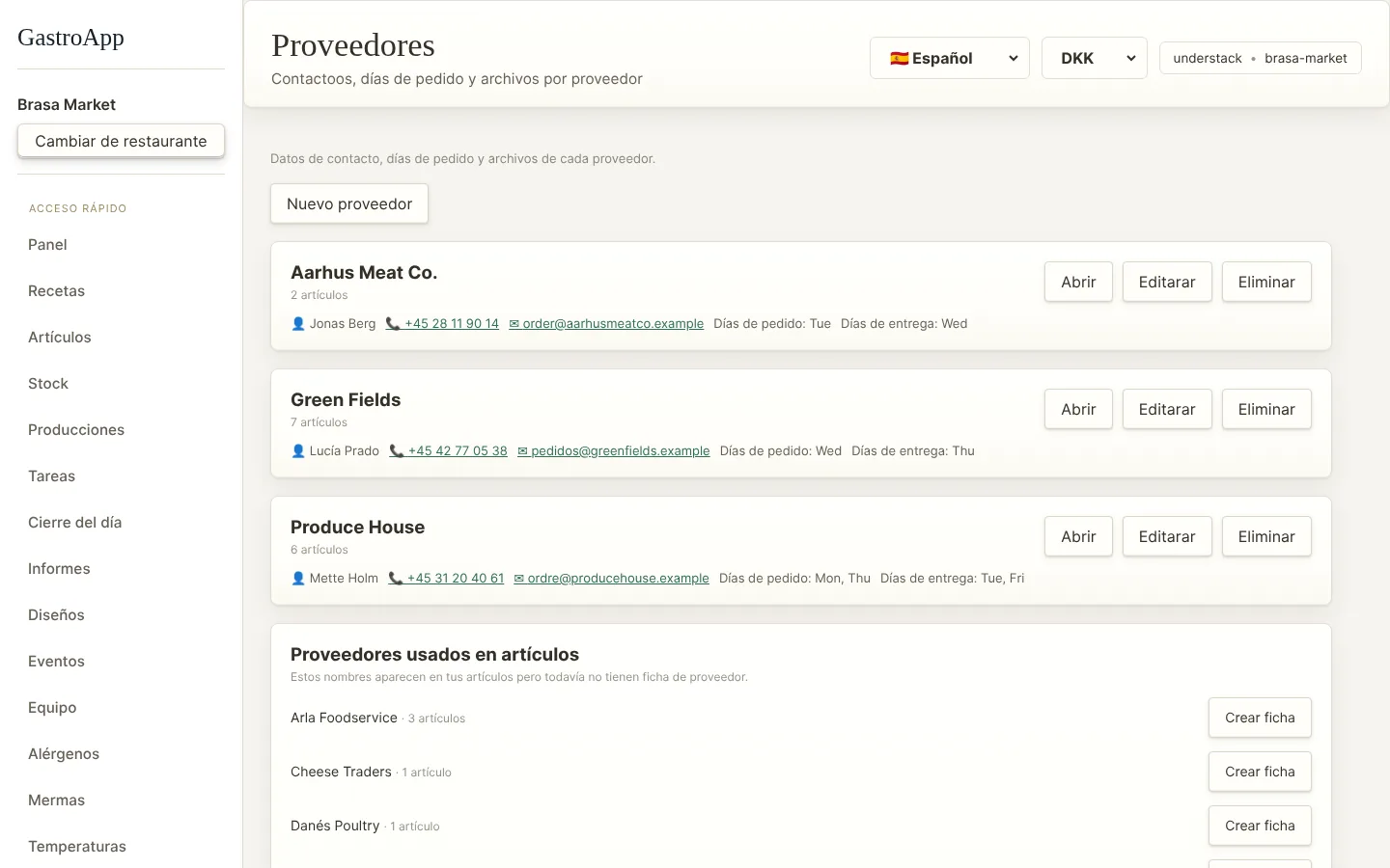 Página de proveedores